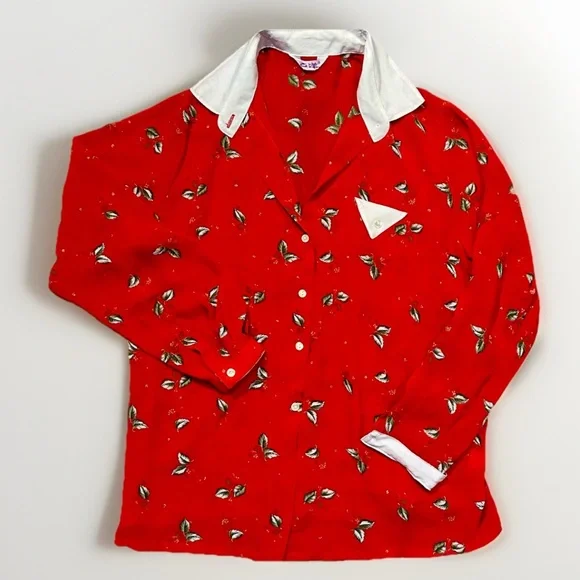 Vintage 80s/90s Women's Retro Red Top Blouse Long Sleeve Collar Button Unique - Picture 3 of 9